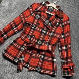 Evan-Picone Peacoat Petite M Red Tartan Plaid Belted Double Breasted‎ Wool Blend